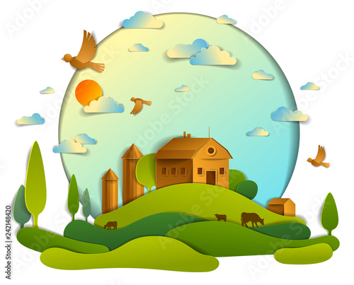 Scenic landscape of farm buildings among meadows trees and birds in the sky, vector illustration of summer time relaxing nature in paper cut style. Countryside beautiful ranch.