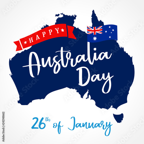 Happy Australia Day lettering on map, greeting card. Vector illustration for 26th january Australia day calligraphy banner with national flag and map
