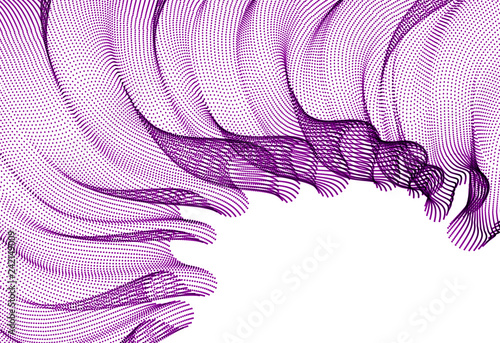 Flowing energy particles, wave of blended dots transparent tulle textile on wind. Curved dotted 3d lines vector effect illustration. 3d futuristic style.