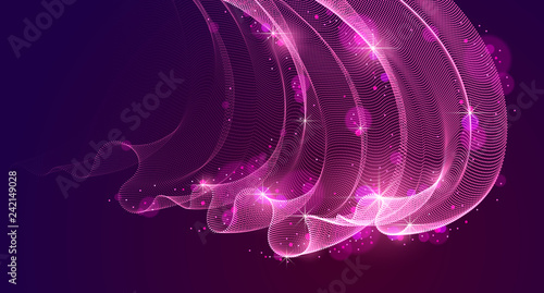 Flowing magic energy particles over dark, wave of blended dots transparent tulle textile on wind. Curved dotted 3d lines vector effect illustration. 3d futuristic style.