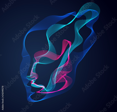 Abstract artistic human head portrait made of dotted particles array, vector illustration of Artificial Intelligence, software digital visual interface.