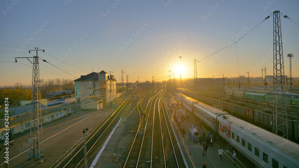 Trans Siberian railway track platform landscape view in Russia