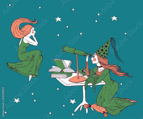 hand drawn stargazer astrologer girl with long hair and dress is looking to the telescope