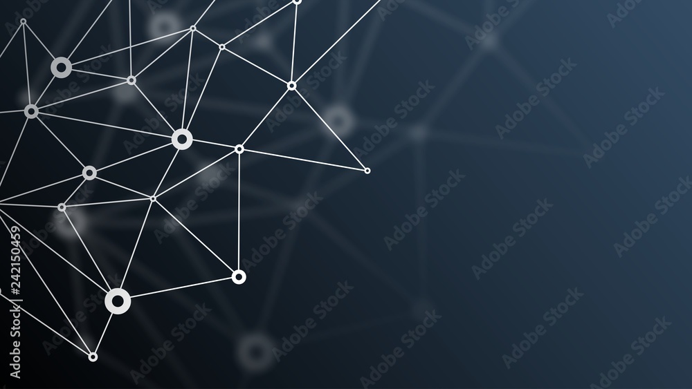 Abstract futuristic crypto blockchain. White dots and shapes in triangles. Modern digital technology concept texture for banner or web design