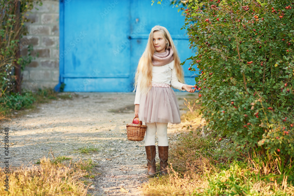 Happy little child, baby girl playing in autumn on nature walk outdoors. Autumn background. Family walk in park. School time. childhood happiness. Fall season. 