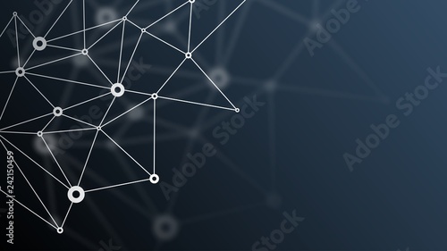 Abstract futuristic crypto blockchain. White dots and shapes in triangles. Modern digital technology concept texture for banner or web design