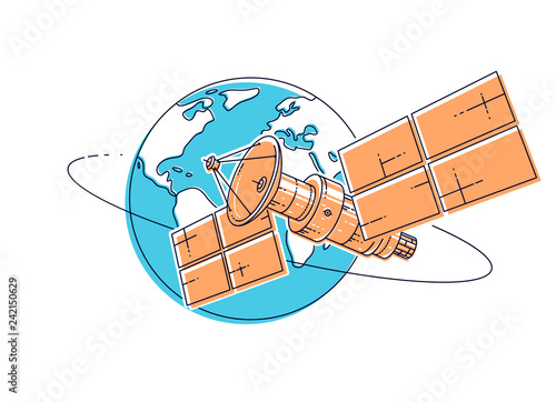 Communication satellite flying orbital spaceflight around earth, spacecraft space station with solar panels and satellite antenna plate. Thin line 3d vector illustration.