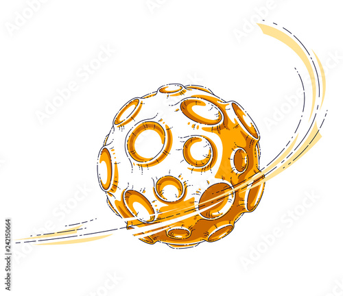 Small cartoon vector fantastic planet with craters from asteroid and meteorite rains fall. Thin line 3d vector illustration isolated on white background.