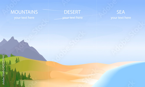 Vector banners with landscape. Background illustration - mountains sea desert. Vector travel agency flyer.
