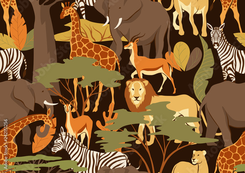 Seamless pattern with African savanna animals.