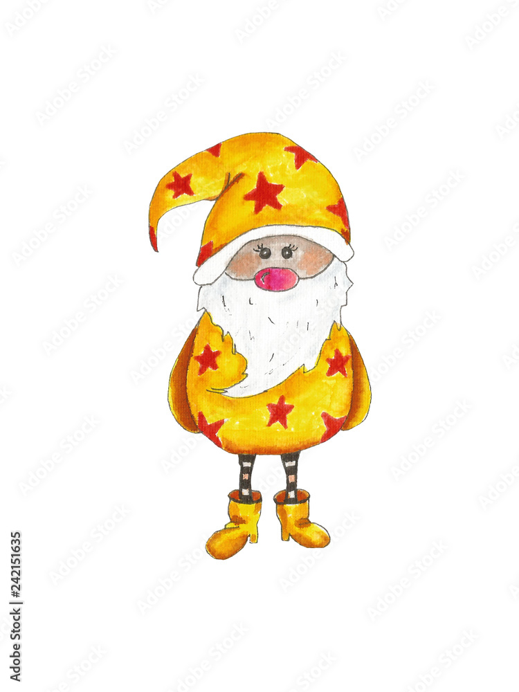 Obraz premium Watercolor scandinavian winter elf in yellow isolated on white,