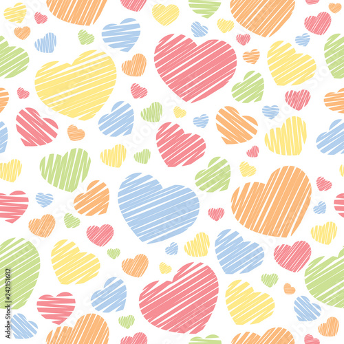 Childish hearts background in pastel colors. Stylish print with hand drawn hearts. Vector illustration. Seamless pattern.