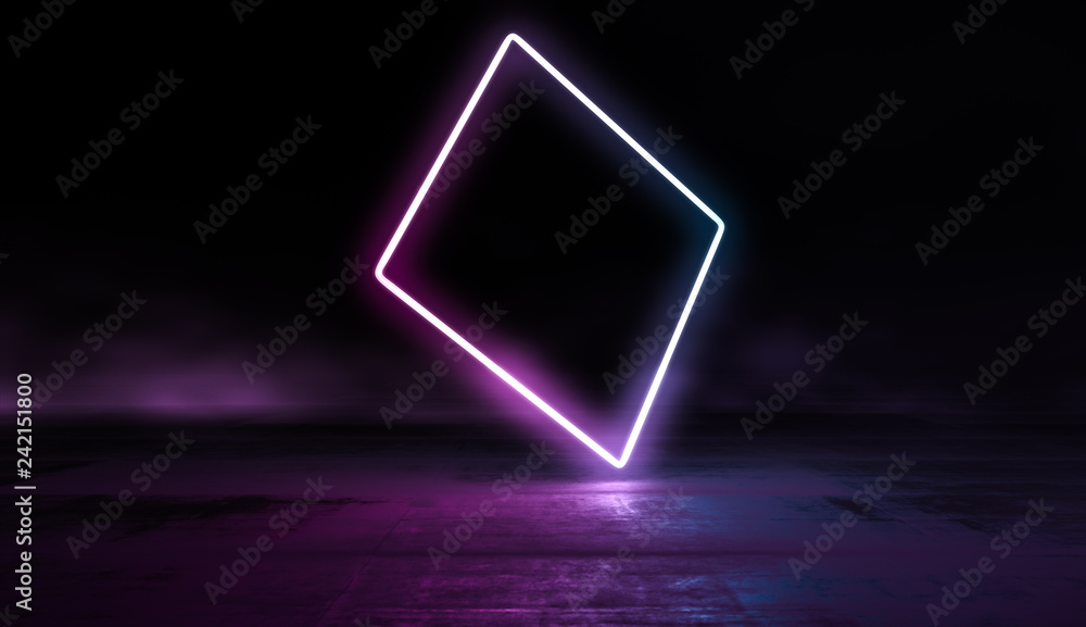 Glowing lines vibrant colors abstract background. Neon pink blue lights in empty space with smoke. 3d render. - obrazy, fototapety, plakaty 