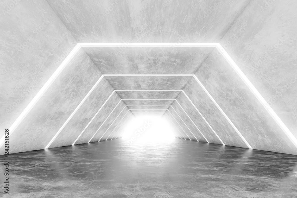 Fototapeta premium Futurystyczny tunel ze światłem. Streszczenie wnętrza korytarza. Renderowanie 3D.