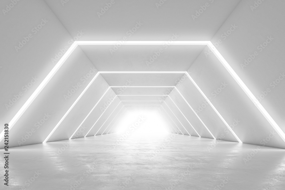 Naklejka premium Podświetlany projekt wnętrza korytarza. Abstrakcjonistyczny Futurystyczny tunel z lekkim tłem. Renderowanie 3D.
