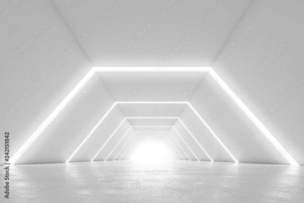 Fototapeta premium Projekt wnętrza oświetlonego korytarza. Streszczenie futurystyczny tunel z jasnym tłem. Renderowanie 3D.