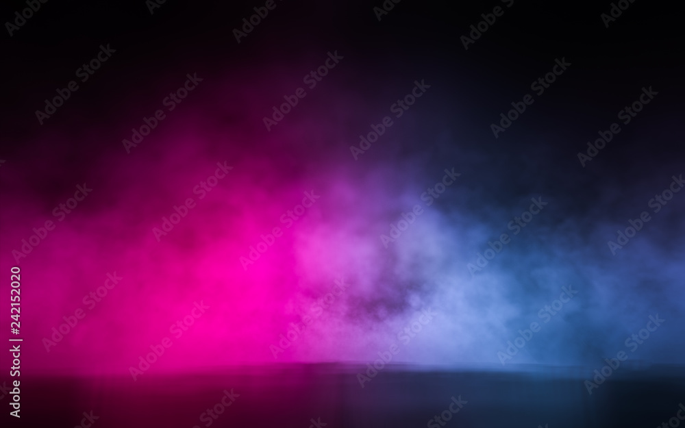 Empty scene  with glowing pink and blue smoke environment atmosphere on floor.  Fashion vibrant colors spectrum background. 3d rendering.