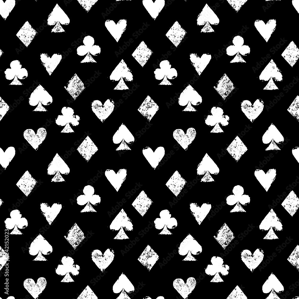 Playing cards different suits - hearts, diamonds, spades and clubs - black and white grunge seamless pattern, vector