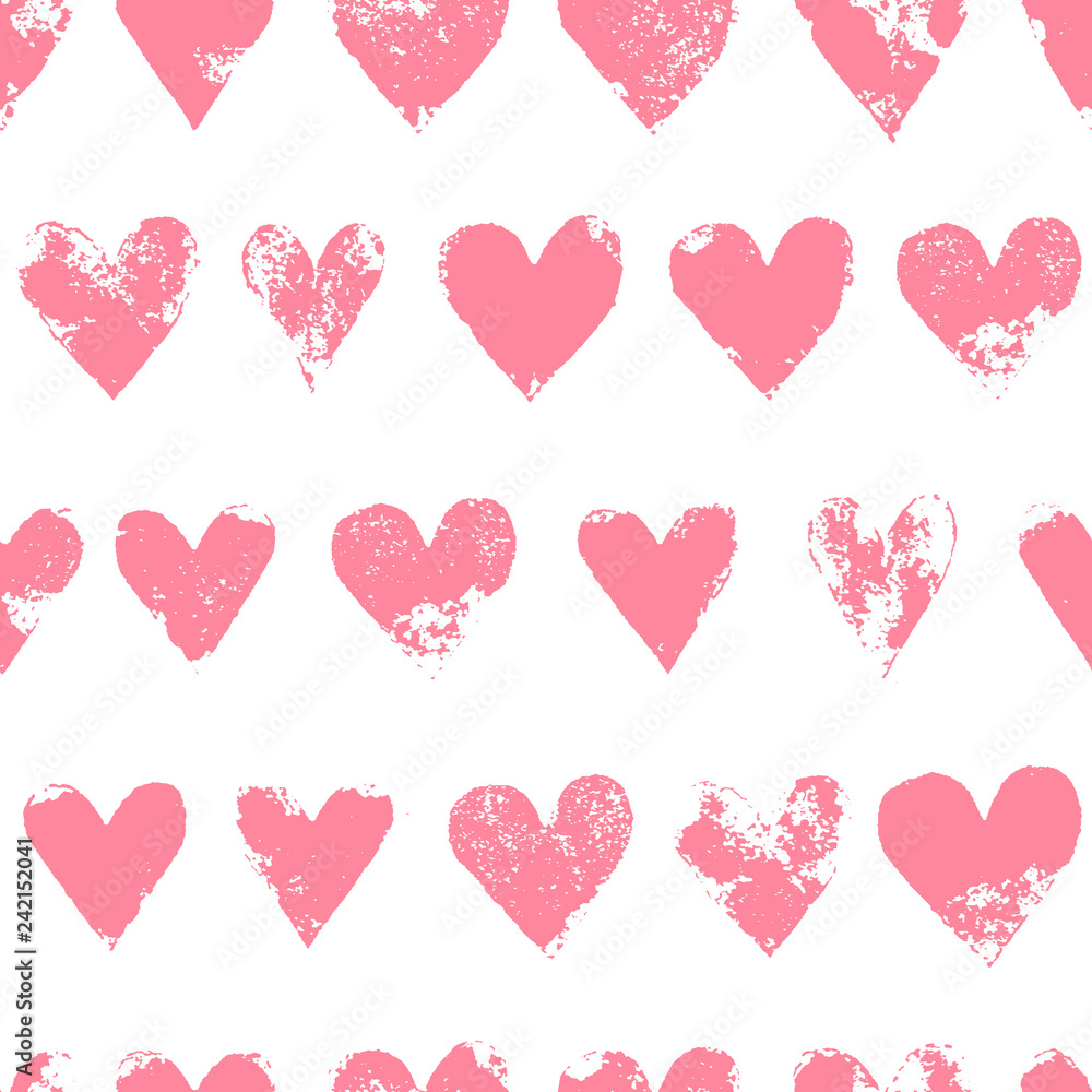 Grunge sponge print rough pink hearts on white seamless pattern, vector