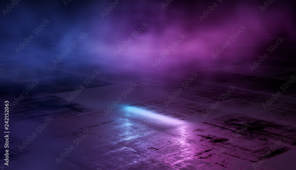 Empty scene with glowing pink and blue smoke environment atmosphere reflect on floor. Fashion vibrant colors spectrum background. 3d rendering. Empty scene with glowing pink and blue smoke environment atmosphere reflect on floor. Fashion vibrant colors spectrum background. 3d rendering.