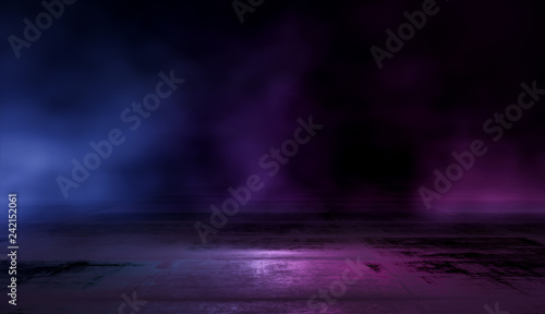 Empty scene with glowing pink and blue smoke environment atmosphere reflect on floor. Fashion vibrant colors spectrum background. 3d rendering.