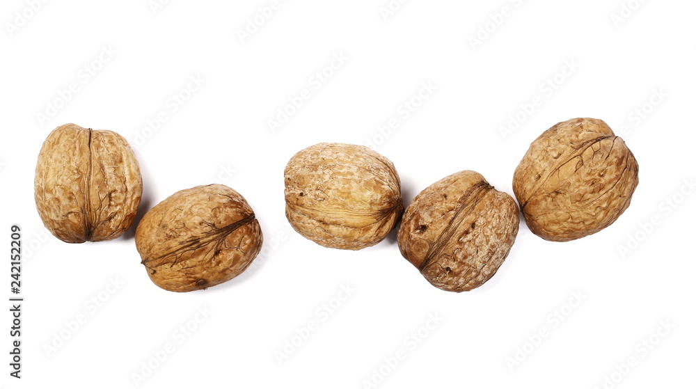 Walnuts, isolated on white background, top view Walnuts, isolated on white background, top view