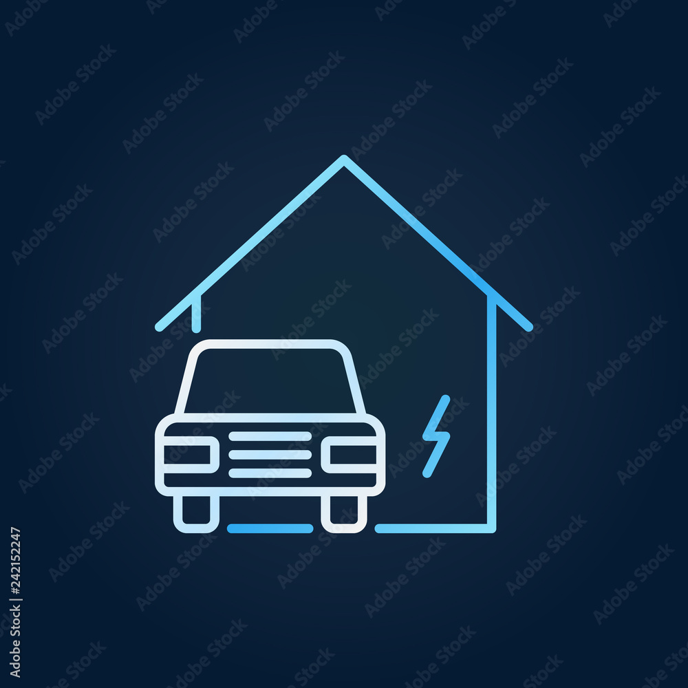 Electric car near blue house vector creative icon in thin line style on dark background Electric car near blue house vector creative icon in thin line style on dark background