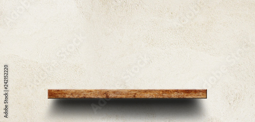Wood shelf on brick wall. Polished cement floor. texture background. furniture