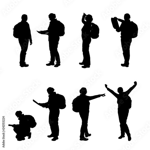 Set of realistic illustration of a silhouette of a female tourist with a backpack walking, standing and squatting, vector