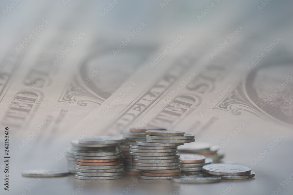 Double exposure Rows of coins of cash,money, dollar on the table,finance and business concept,Tex time soft focus and blurred style,dark tone. Double exposure Rows of coins of cash,money, dollar on the table,finance and business concept,Tex time soft focus and blurred style,dark tone.