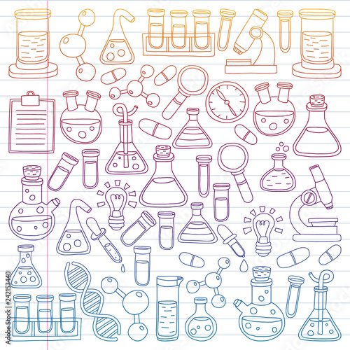 Vector set of chemistry, science icons. Pattern with laboratory equipment images.