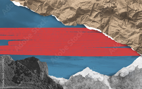 Abstract surreal collage for creativity. Pieces of colored torn paper in landscape composition. Painted bright red place for your text. 