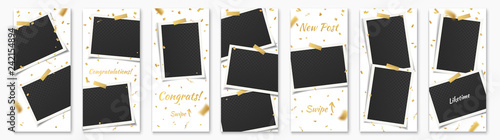Social Network Stories Background Template Set with Photo Frames, Adhesive Tape, Golden Confetti and text: Congrats, Congratulation, Swipe, Liketime for Insta Story. Vector Social Media Design.