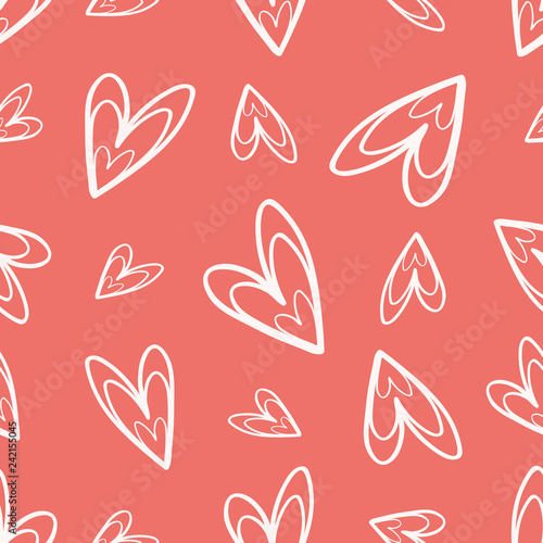 Quirky hand drawn soft cream doodle hearts on coral background as seamless vector pattern Great for Valentine. friendship gifts or decor for girls, giftwrap, scrapbooking and wedding items