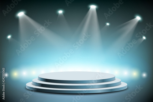Spotlights illuminates a round stage. Vector illustration.