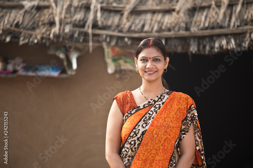 Portrait indian woman in sari at village