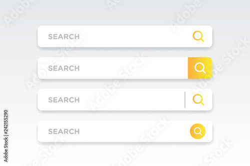 Set of colorful gradient clean style search buttons with yellow vector modern material. Different icons on white forms with shadows