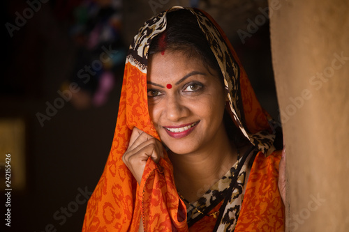 Portrait indian woman in sari at village