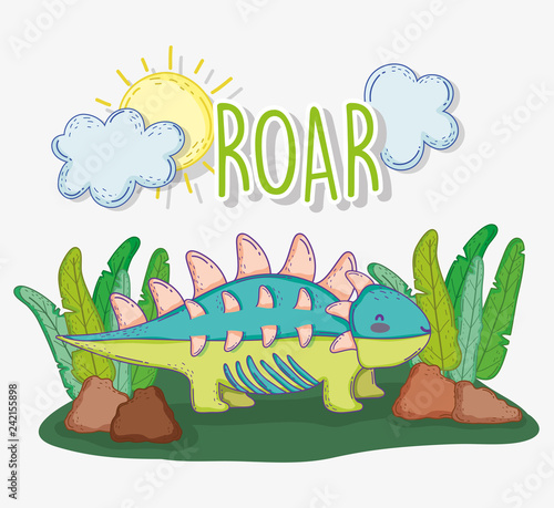 ankylosaurus animal in the plants with sun and clouds