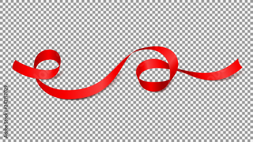 Red satin ribbon isolated on transparent background. Vector illustration of curved satin tape. Abstract object.