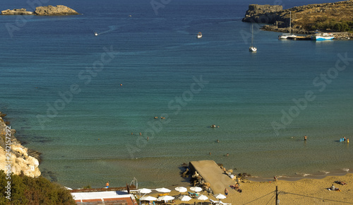 LINDOS,RHODES/GREECE OCTOBER 29 2018 : Lindos bay,photo taken from Kleovoulos Tomb hill. photo