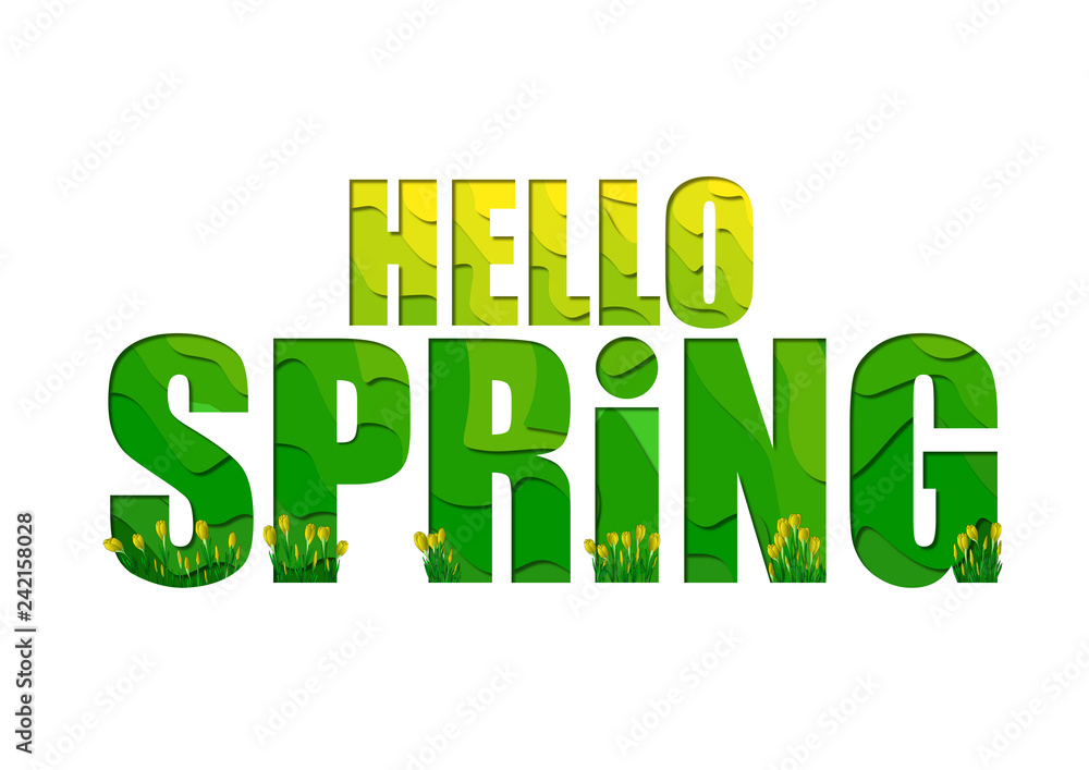 Paper cut out style. Phrase Hello spring with yellow crocus flowers Paper cut out style. Phrase Hello spring with yellow crocus flowers
