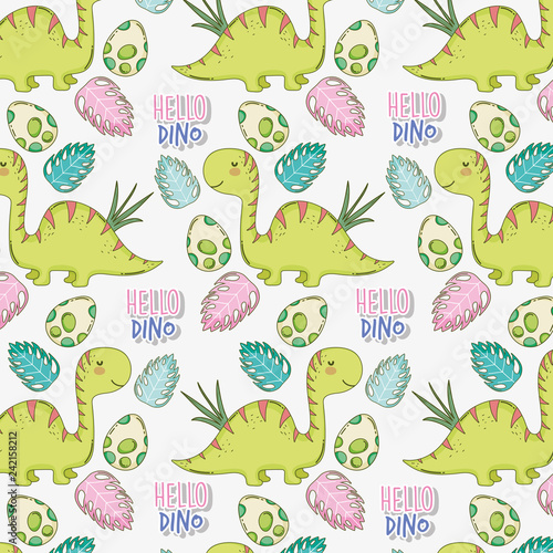 diplodocus with dino eggs and leaves background