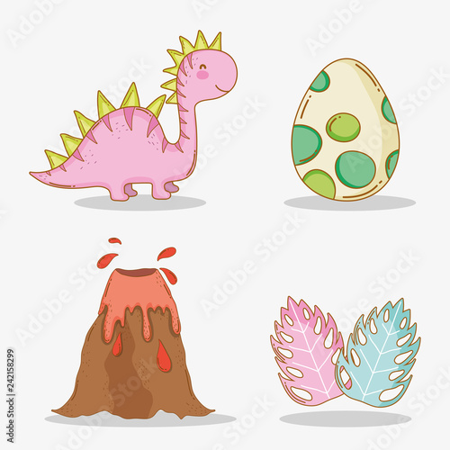 set diplodocus with dino egg and volcano with leaves