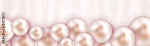 Cute Fashion poster with Realistic 3d Pearls Pink color. Sparkling perla, sphere or circle lens. Glossy layout decor. Happy Valentine's, Mother's Day, Sale background.