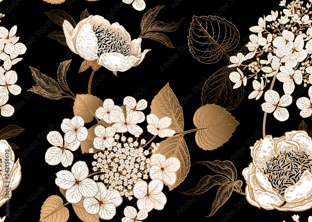 Fototapeta Wzór pięknych białych kwiatów ze złotymi liśćmi.
