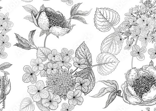 Wallpaper Mural Seamless pattern with peonies and flowers hydrangea. Vector background. Torontodigital.ca