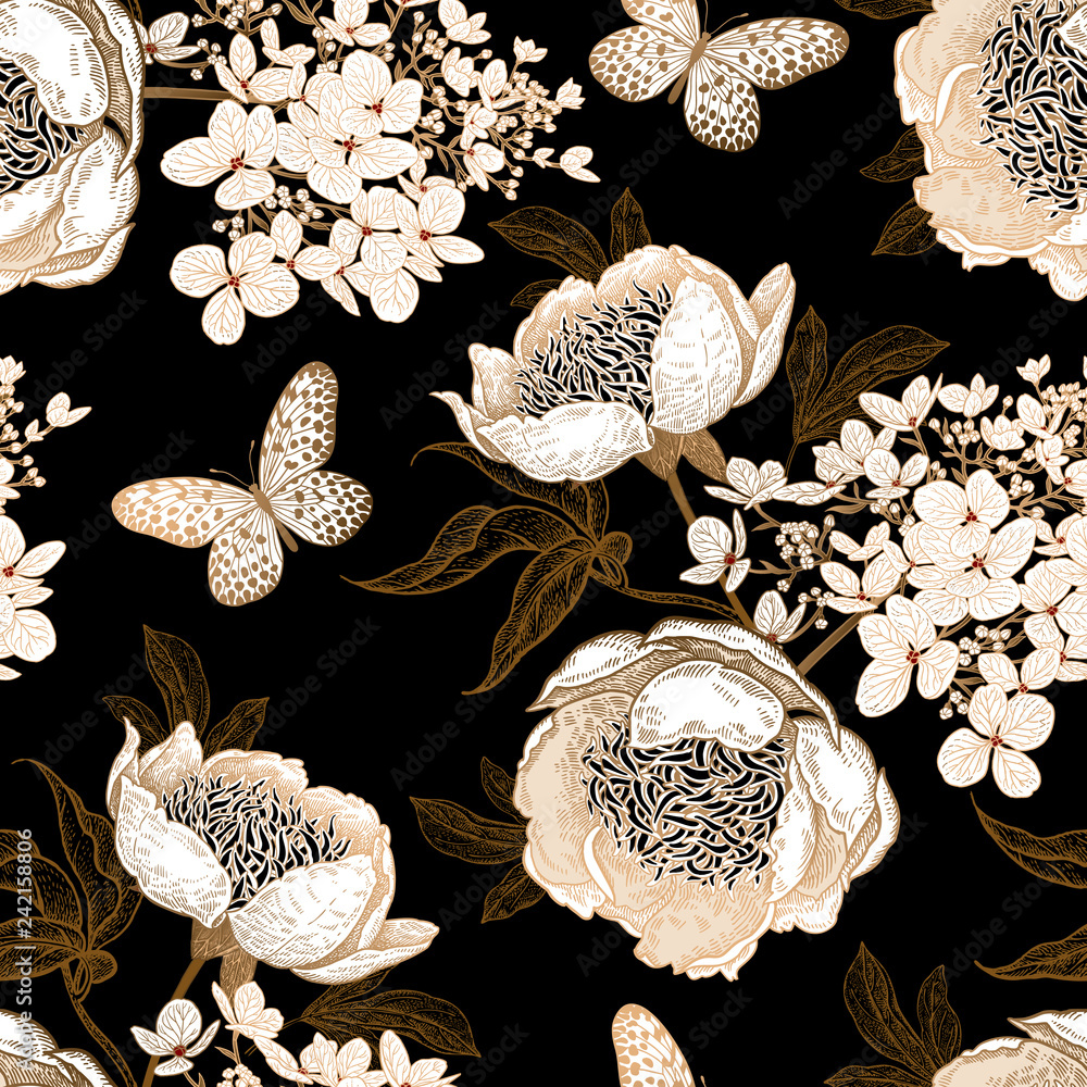Fototapeta Seamless pattern with peonies, hydrangea flowers and butterflies. Vector background.