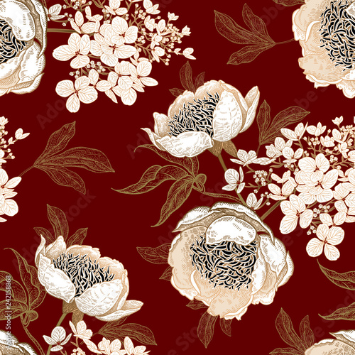 Seamless pattern with peonies and hydrangea flowers. Vector background.