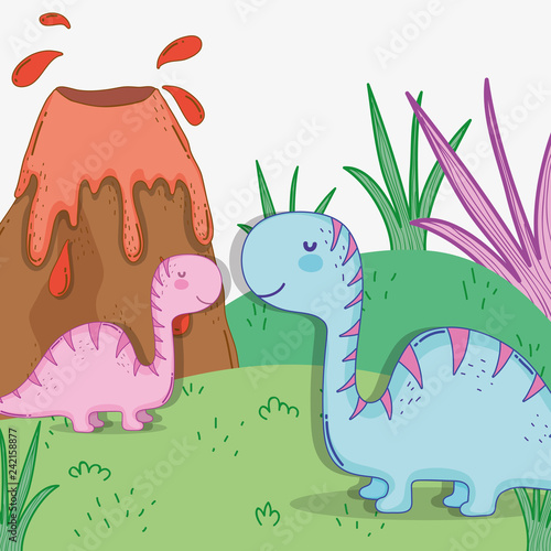 cute diplodocus couple wildlife with volcano